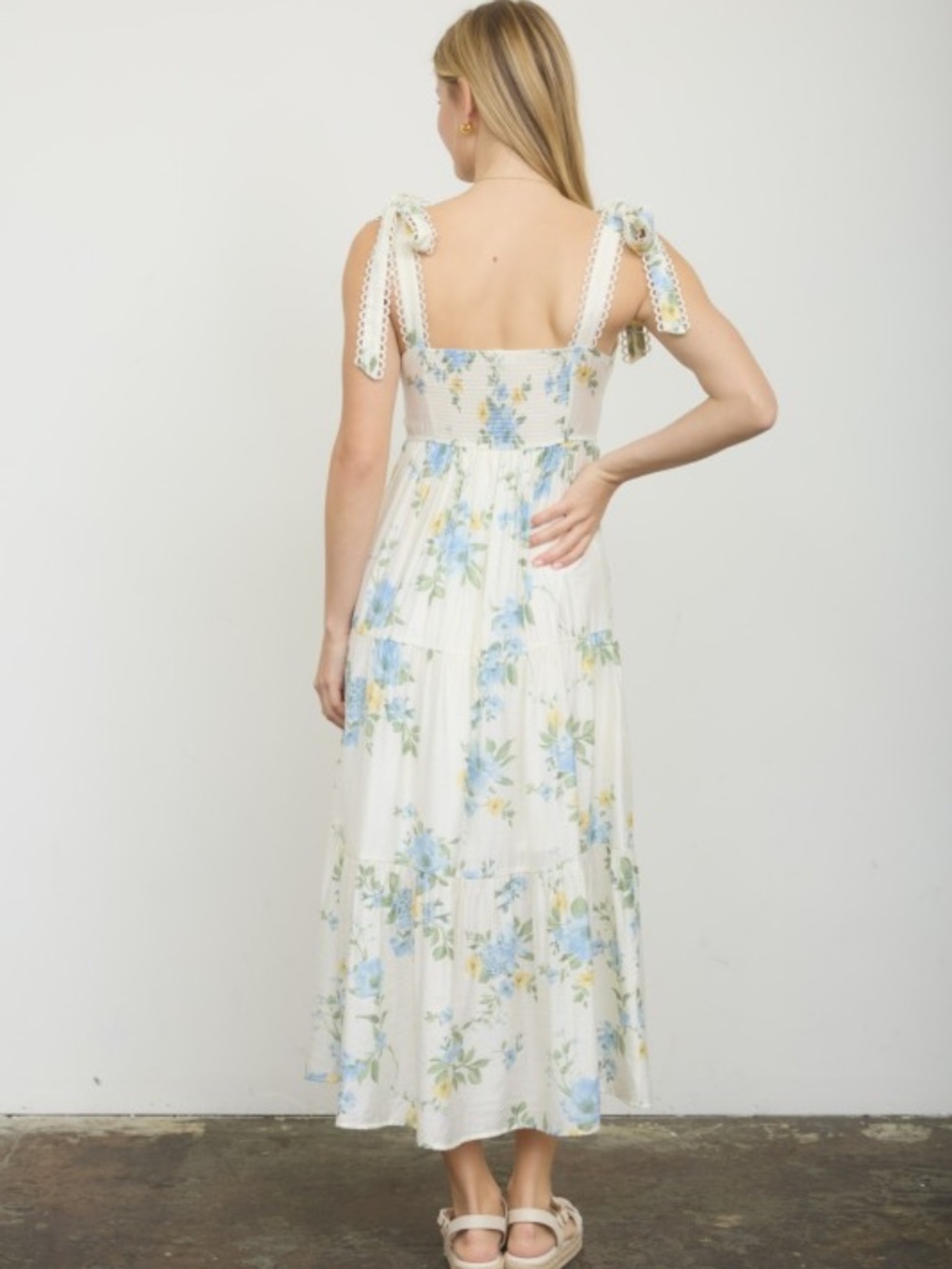 White Blue Yellow Floral Tiered Midi Dress Lace Tie Straps Large - Picture 3 of 14